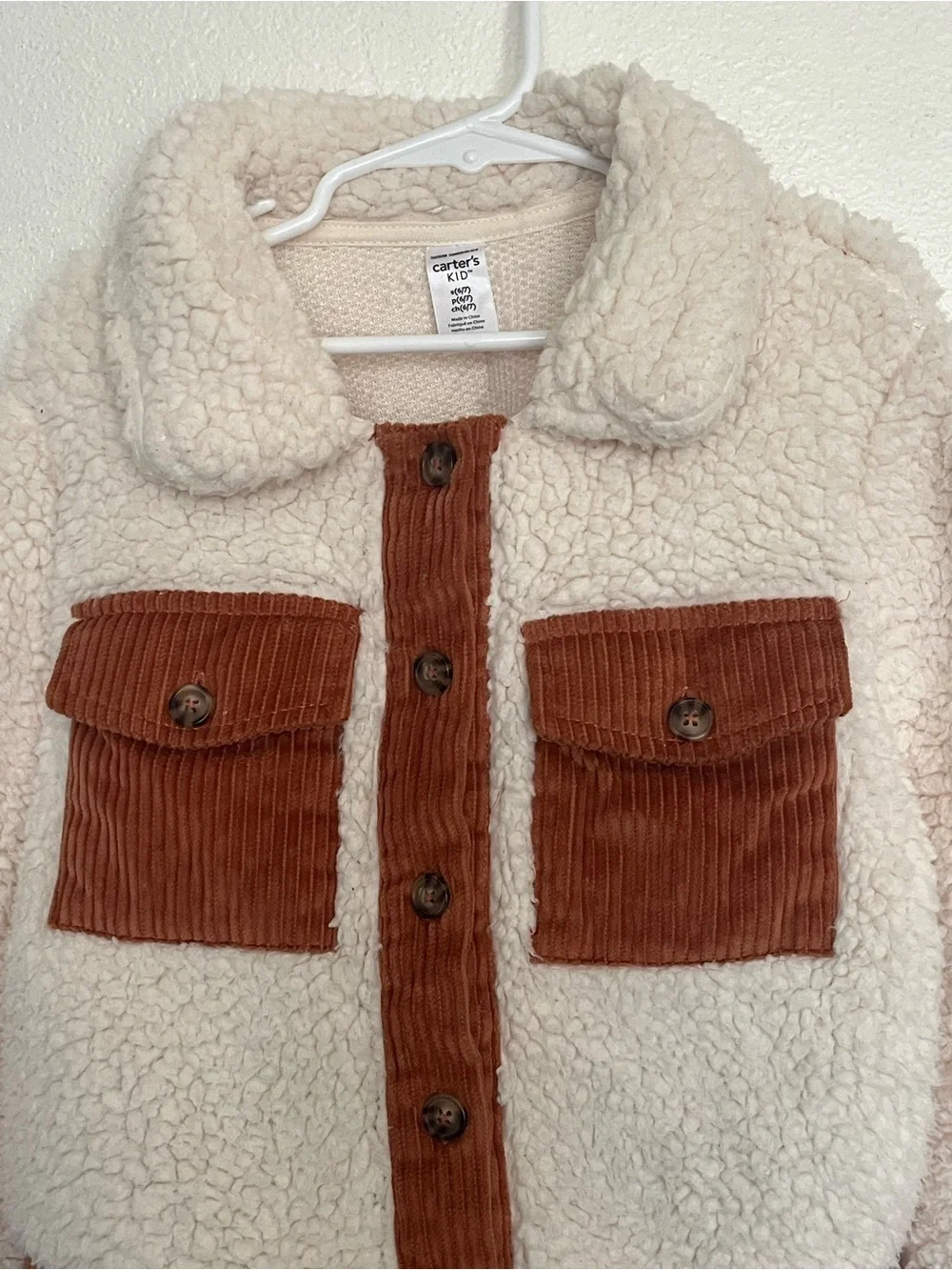 Carter's Cream Sherpa Puffer Jacket with Brown Corduroy Accents Girl’s S 6-7